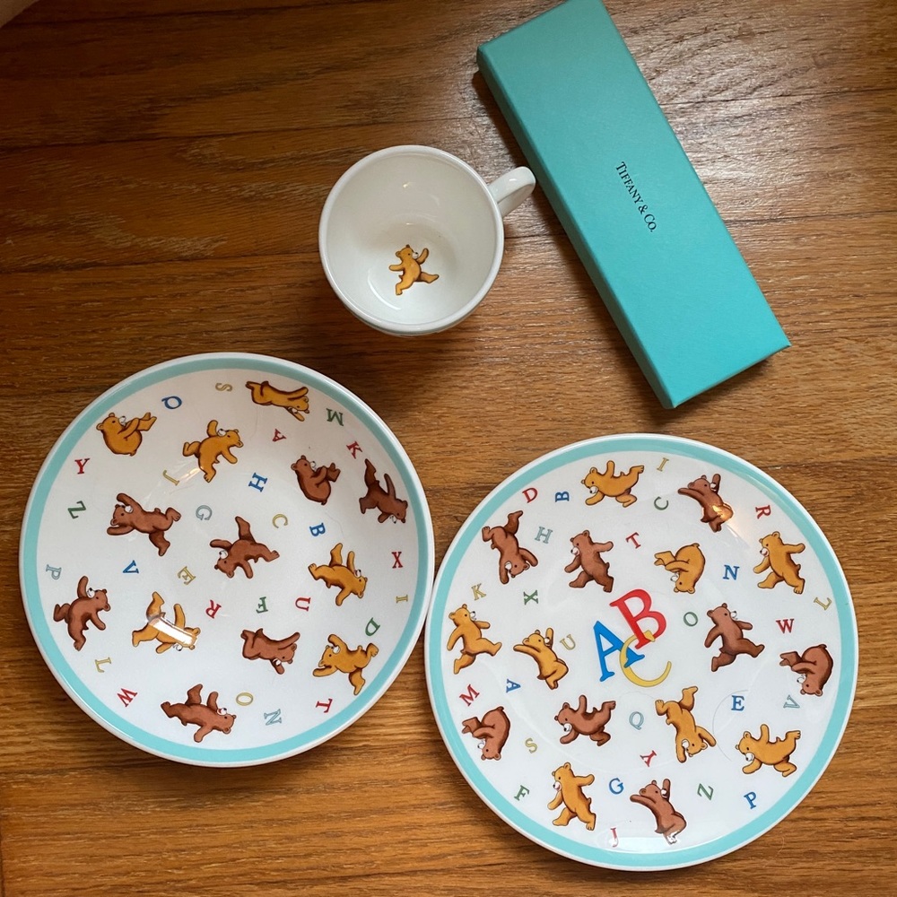 Tiffany Bear Dish set in bone China and silver spoon